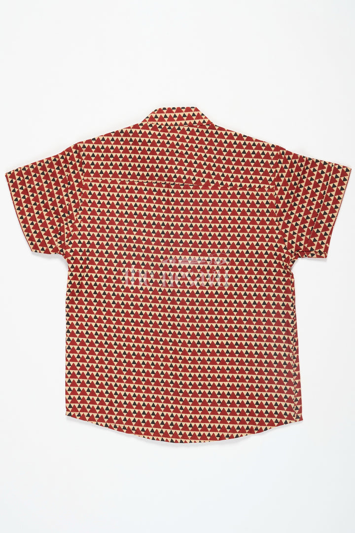 The Nesavu Boys Cotton Shirt Ajrak Block Printed Cotton Trousers Matching Shirt for Boys in Red with Geometric Patterns Nesavu Nesavu Boys Red Ajrak Block Printed Cotton Shirt Geometric Patterns Matching Trousers