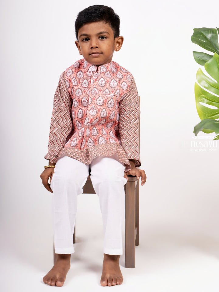 Ajrak Block Printed Kurtha with Printed Jacket Pant Set for Boys