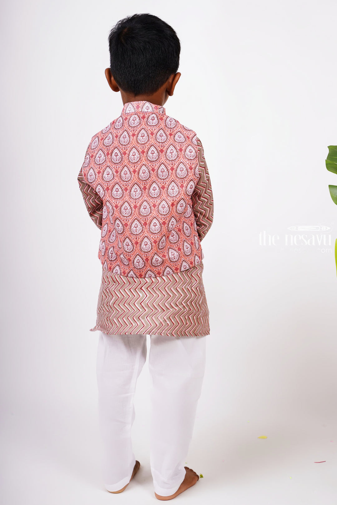 Ajrak Block Printed Kurtha with Printed Jacket Pant Set for Boys