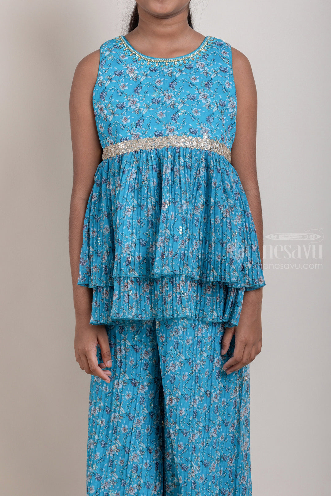 The Nesavu Girls Sharara / Plazo Set All-Over Floral Printed Layered Peplum Blue Kurti and Palazzo Pant for Girls with Organza Dupatta Nesavu All-Over Floral Printed Layered Peplum Blue Kurti and Palazzo Pant for Girls | Designer Ethnic Wear | The Nesavu