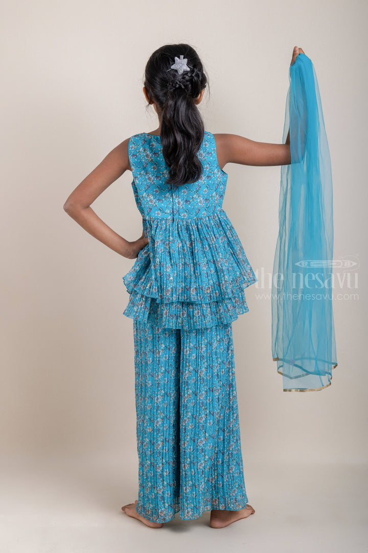 The Nesavu Girls Sharara / Plazo Set All-Over Floral Printed Layered Peplum Blue Kurti and Palazzo Pant for Girls with Organza Dupatta Nesavu All-Over Floral Printed Layered Peplum Blue Kurti and Palazzo Pant for Girls | Designer Ethnic Wear | The Nesavu