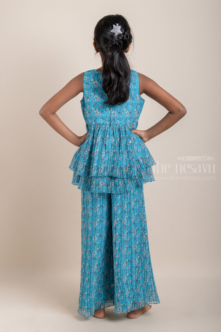 The Nesavu Girls Sharara / Plazo Set All-Over Floral Printed Layered Peplum Blue Kurti and Palazzo Pant for Girls with Organza Dupatta Nesavu All-Over Floral Printed Layered Peplum Blue Kurti and Palazzo Pant for Girls | Designer Ethnic Wear | The Nesavu