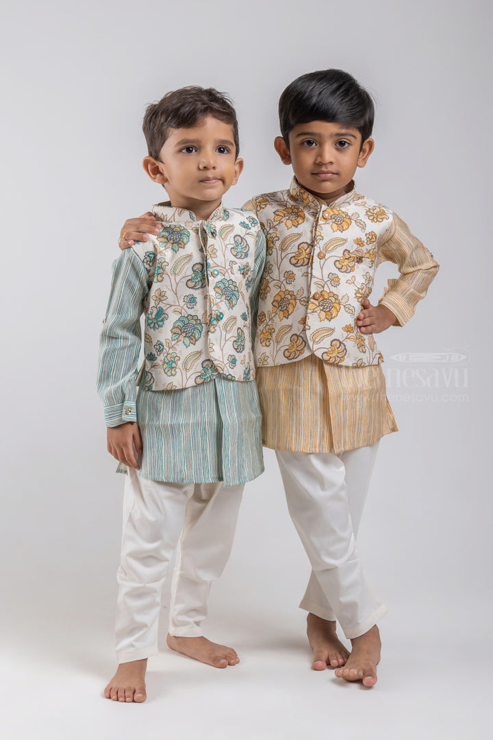 The Nesavu Boys Jacket Sets All Over Stripes Printed Yellow Kurta with White Pant and Floral Printed Overcoat For Boys psr silks Nesavu