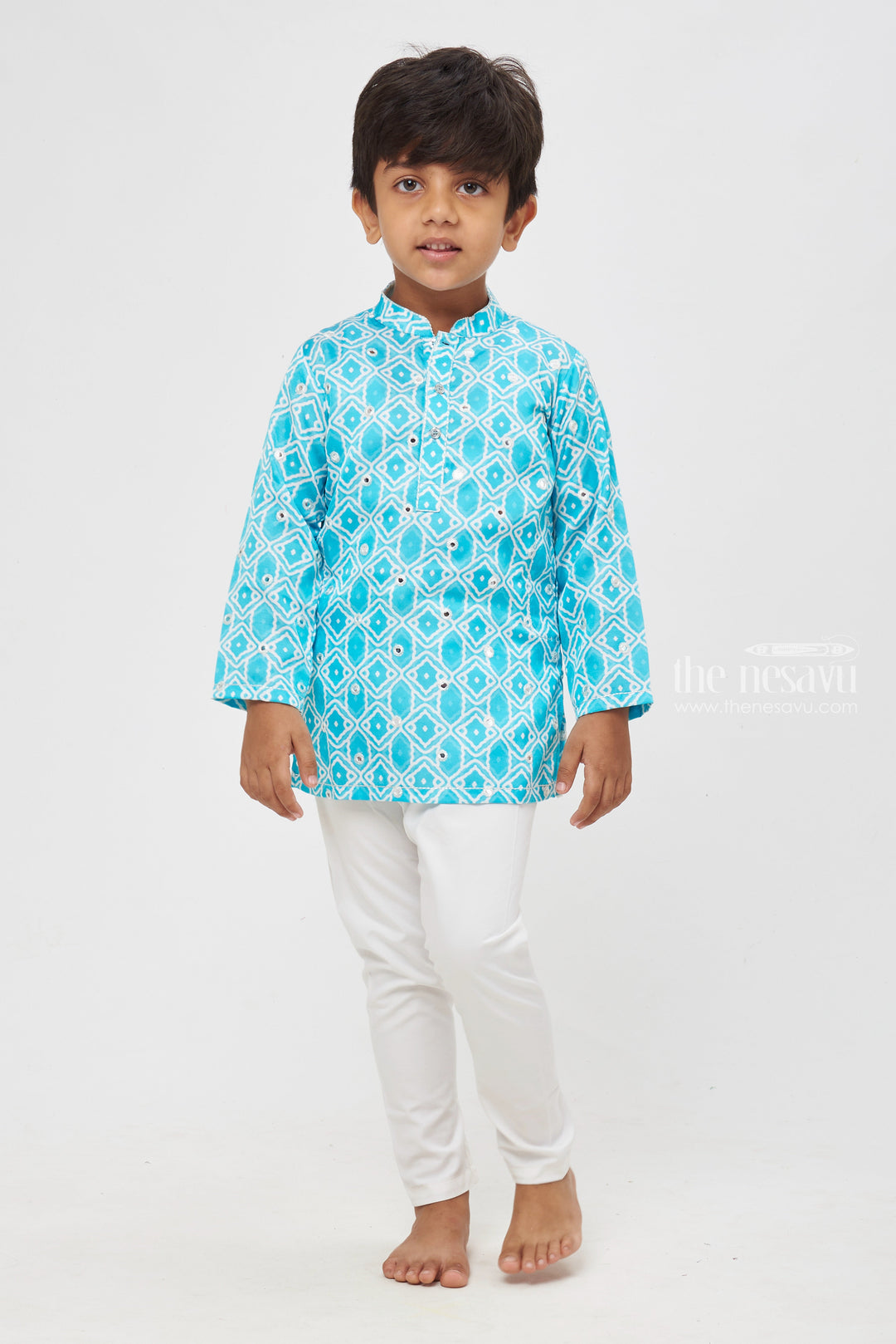 The Nesavu Boys Kurtha Set Aqua Allure: Mirror-Embroidered Geometric Printed Turquoise Kurta Shirt & Pant Set for Boys Nesavu Elegant Printed Kurta with Pant for Boys | Luxury Indian Collections | The Nesavu