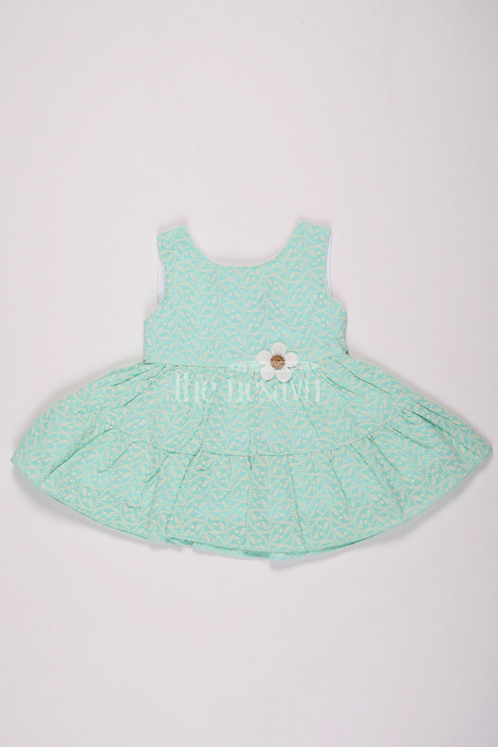 The Nesavu Baby Cotton Frocks Aqua Blue Cotton Baby Frock with Floral Vine Print and Daisy Appliqué for Girls Nesavu 14 (6M) / Blue BFJ648B-14 Nesavu Aqua Blue Cotton Baby Frock Floral Print Daisy Appliqu Girls