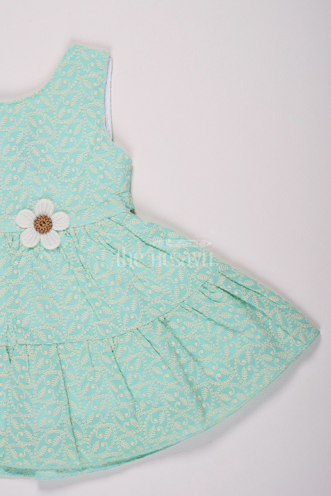 The Nesavu Baby Cotton Frocks Aqua Blue Cotton Baby Frock with Floral Vine Print and Daisy Appliqué for Girls Nesavu Nesavu Aqua Blue Cotton Baby Frock Floral Print Daisy Appliqu Girls