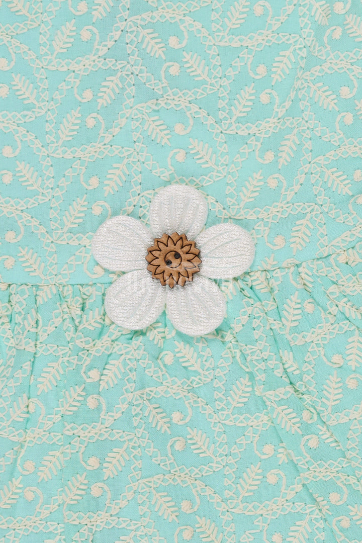 The Nesavu Baby Cotton Frocks Aqua Blue Cotton Baby Frock with Floral Vine Print and Daisy Appliqué for Girls Nesavu Nesavu Aqua Blue Cotton Baby Frock Floral Print Daisy Appliqu Girls