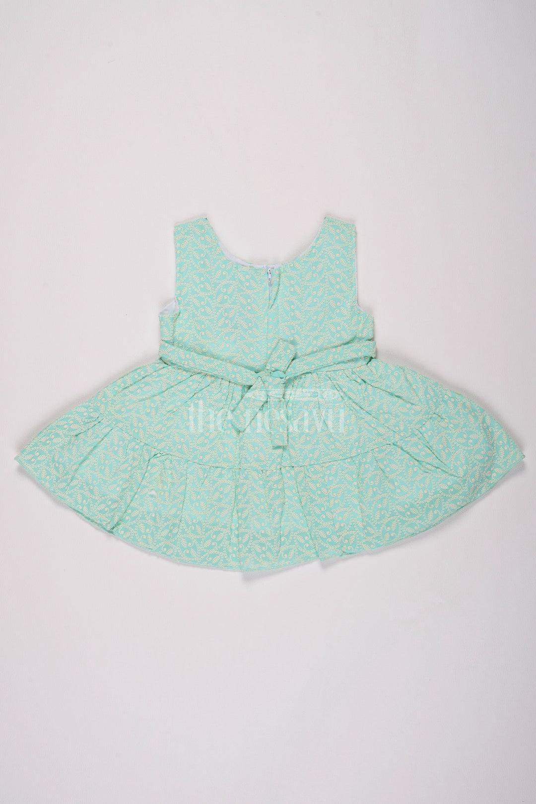 The Nesavu Baby Cotton Frocks Aqua Blue Cotton Baby Frock with Floral Vine Print and Daisy Appliqué for Girls Nesavu Nesavu Aqua Blue Cotton Baby Frock Floral Print Daisy Appliqu Girls