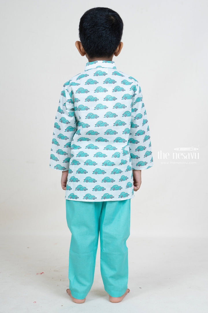 The Nesavu Ethnic Sets Aqua Blue Cotton Car Printed Play Wear Party Wear For Boys psr silks Nesavu