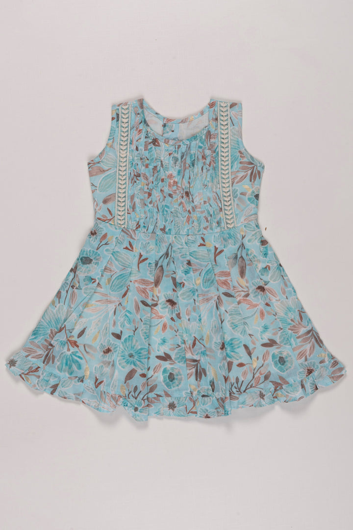 The Nesavu Girls Cotton Frock Aqua Floral Kids Pure Cotton Frock with Lace Trim Nesavu 16 (1Y) / Blue GFC1229A-16 Girls Summer Cotton Dress Essentials | Aqua Lace Trim Floral Frock | The Nesavu