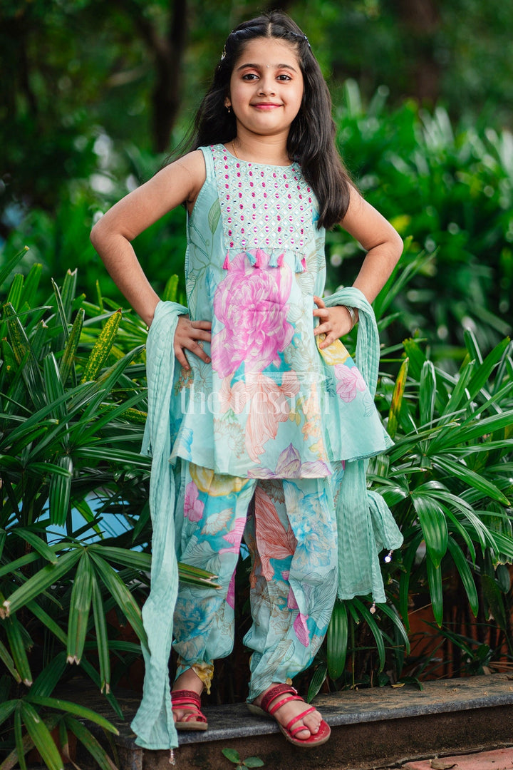 The Nesavu Girls Dothi Sets Aqua Floral Kurta and Dhoti Set for Girls with Sleeveless Kurta and Embellished Yoke Nesavu Nesavu Aqua Floral Girls Dhoti Set Sleeveless Kurta Tassel Embellishments