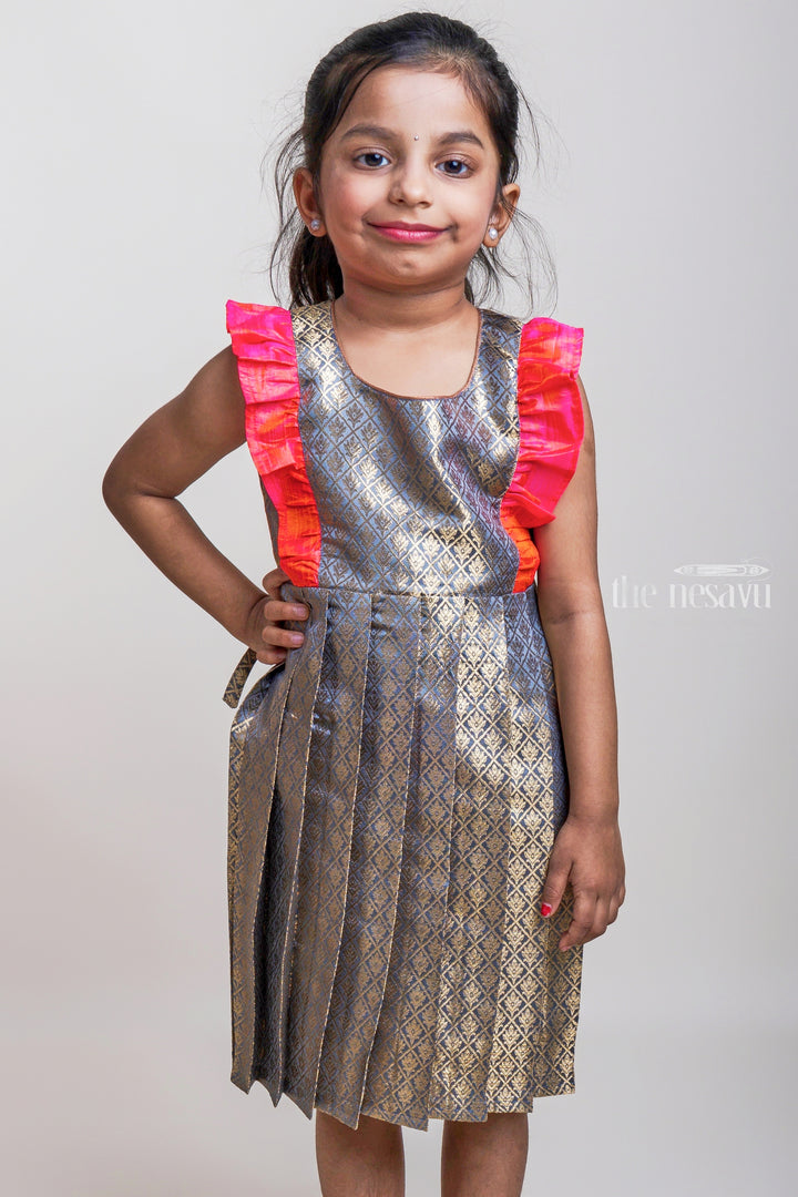 Ash Semi-Banaras Pleated Silk Frocks With Pink Ruffles For Little Girls