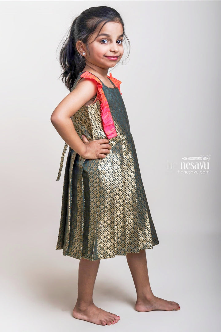 The Nesavu Silk Frock Ash Semi-Banaras Pleated Silk Frocks With Pink Ruffles For Little Girls Nesavu Semi-Banaras Silk Frocks | Chinna Pillala Frocks | The Nesavu