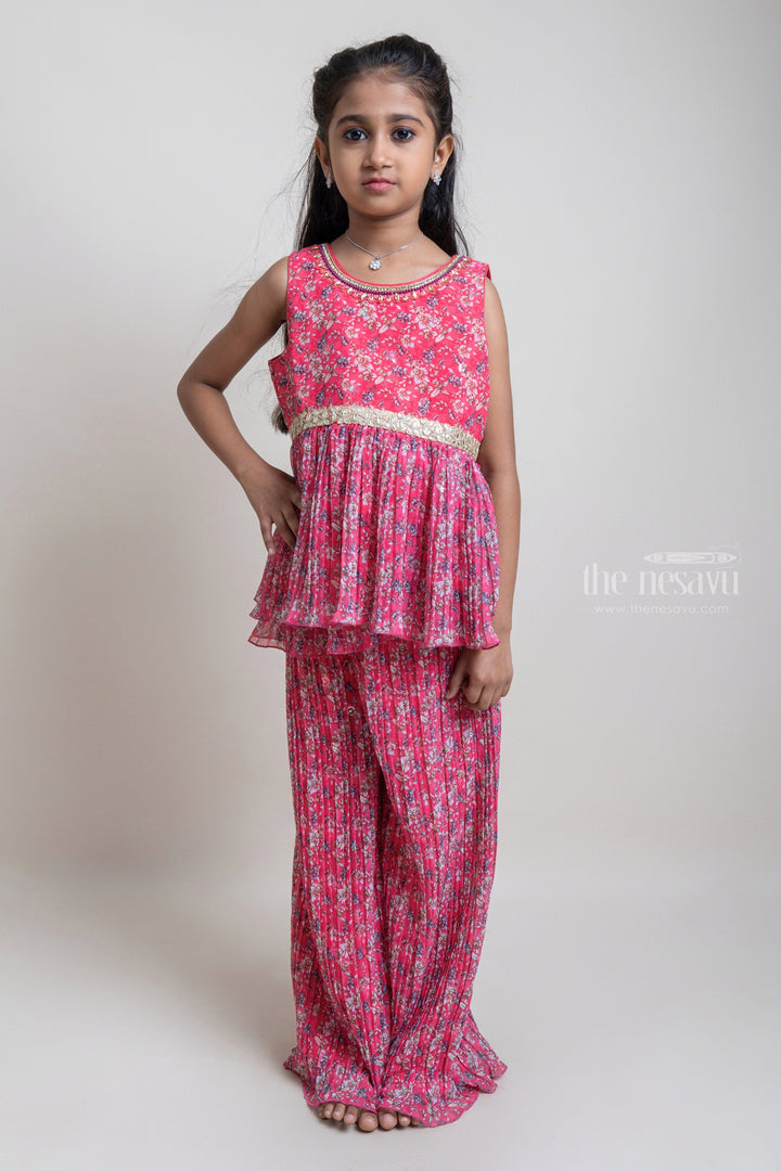 The Nesavu Girls Sharara / Plazo Set Attractive Pink Floral All Over Printed Tunic Top And Palazzo Suit For girls Nesavu 14 (6M) / Pink GPS128-14 Trendy Pink Palazzo Suit Set for Girls | New Fashion Dresses | The Nesavu