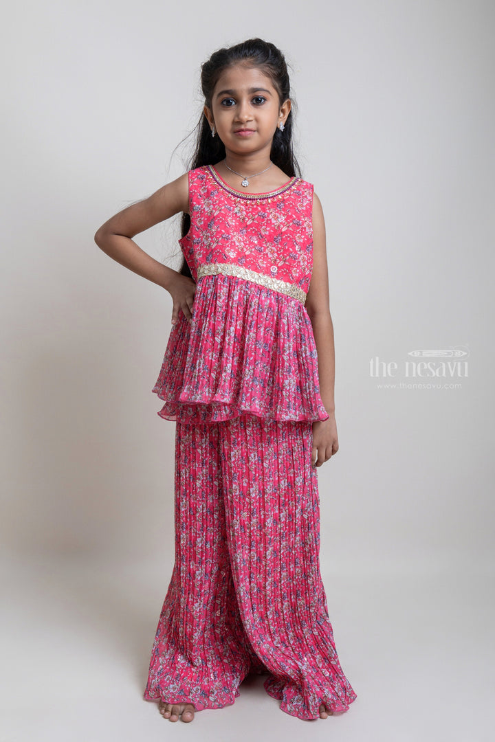 The Nesavu Girls Sharara / Plazo Set Attractive Pink Floral All Over Printed Tunic Top And Palazzo Suit For girls Nesavu Trendy Pink Palazzo Suit Set for Girls | New Fashion Dresses | The Nesavu