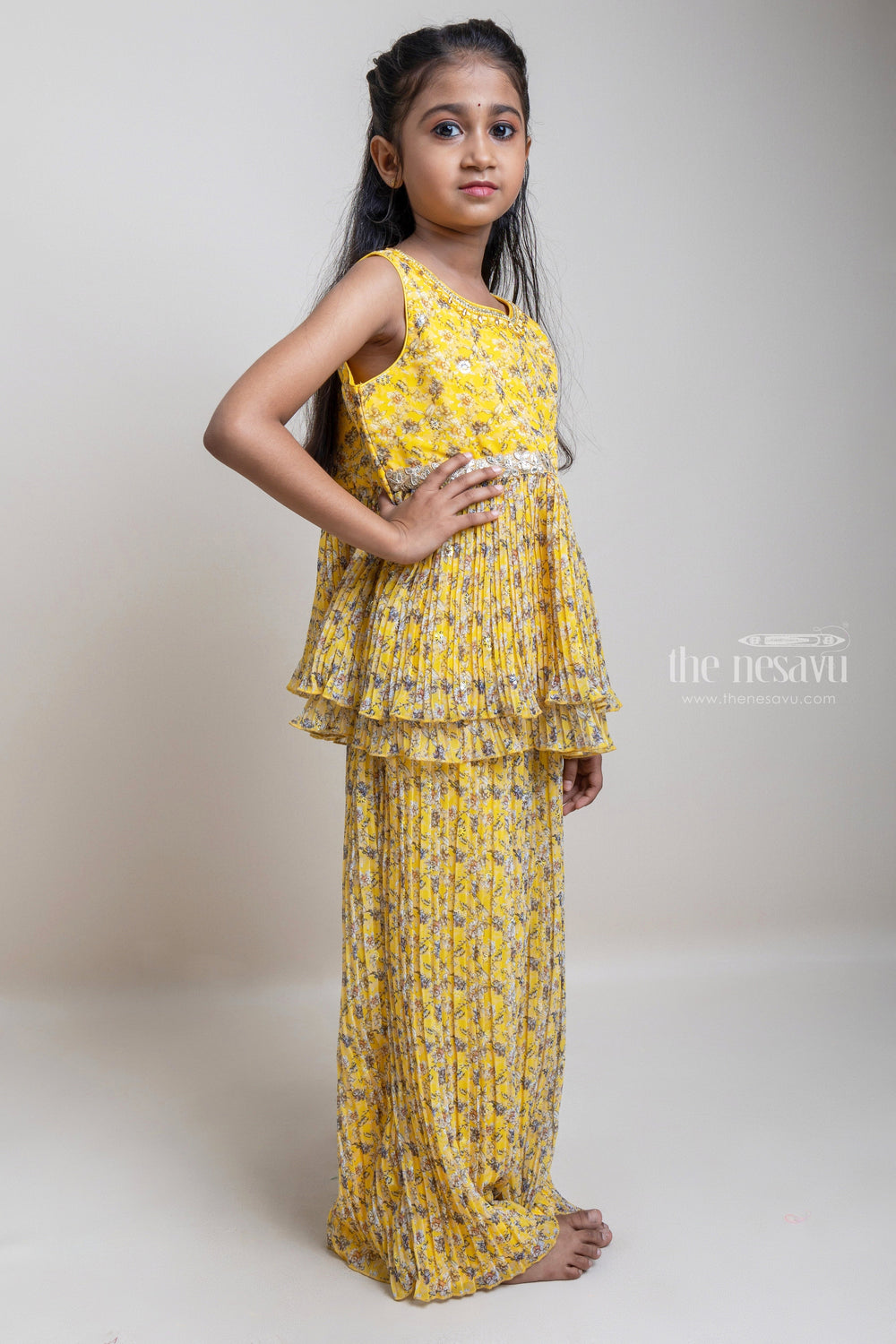 The Nesavu Girls Sharara / Plazo Set Attractive Yellow Floral All Over Printed Tunic Top And Palazzo Suit For girls Nesavu Yellow Floral Printed Tunic Top Set For Girls | Latest Collection For girls | The Nesavu