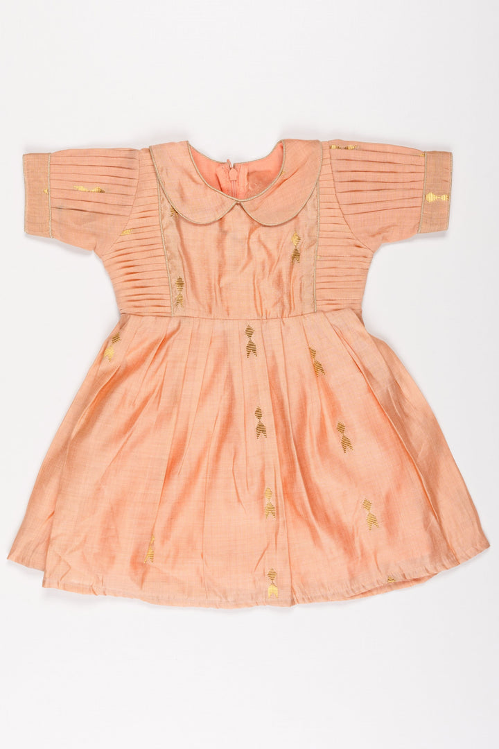 The Nesavu Girls Cotton Frock Autumn Glow Puff Sleeve Dress: Girls' Copper-Toned Frock with Gleaming Accents Nesavu 14 (6M) / Orange GFC1206B-14 Girls Copper-Toned Harvest Dress with Puff Sleeves | Golden Motif Party Wear | The Nesavu