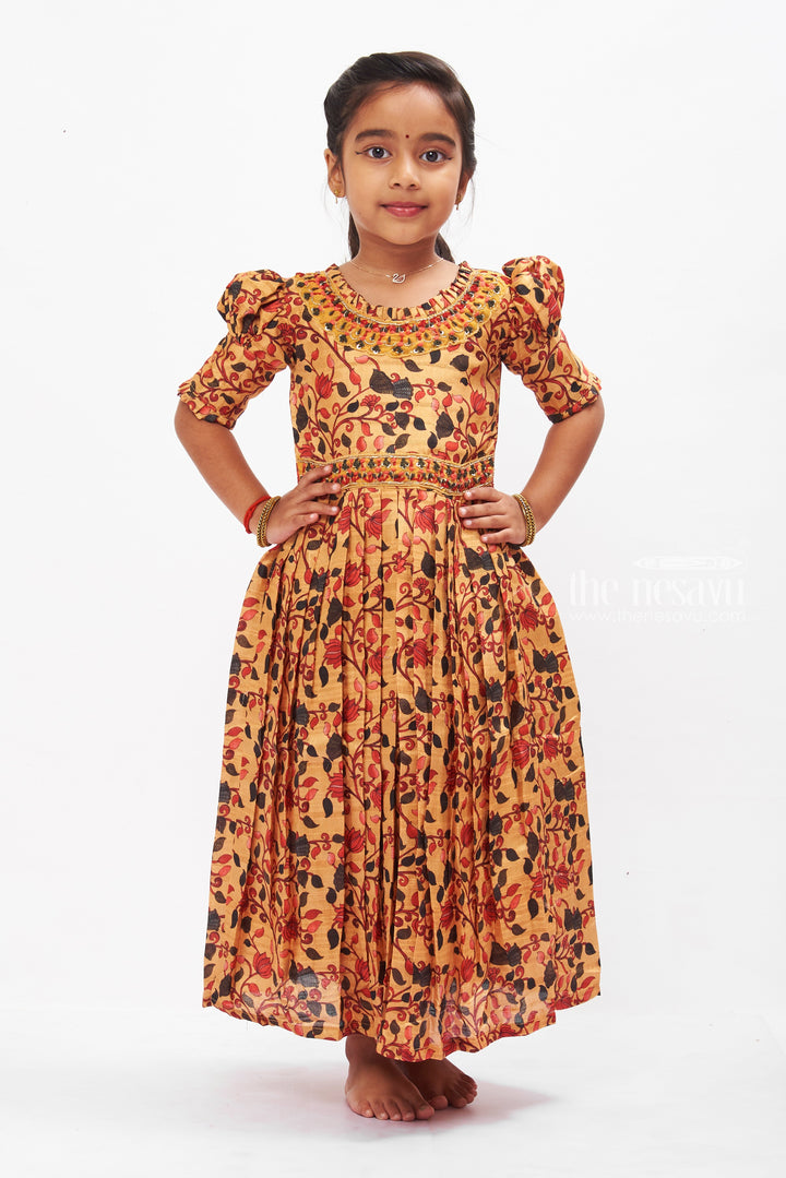 The Nesavu Girls Silk Gown Autumnal Elegance Pleated Anarkali Gown for Girls Nesavu Girls Yellow Botanical Print Anarkali Gown | Festive Ruffled Dress for Kids | The Nesavu