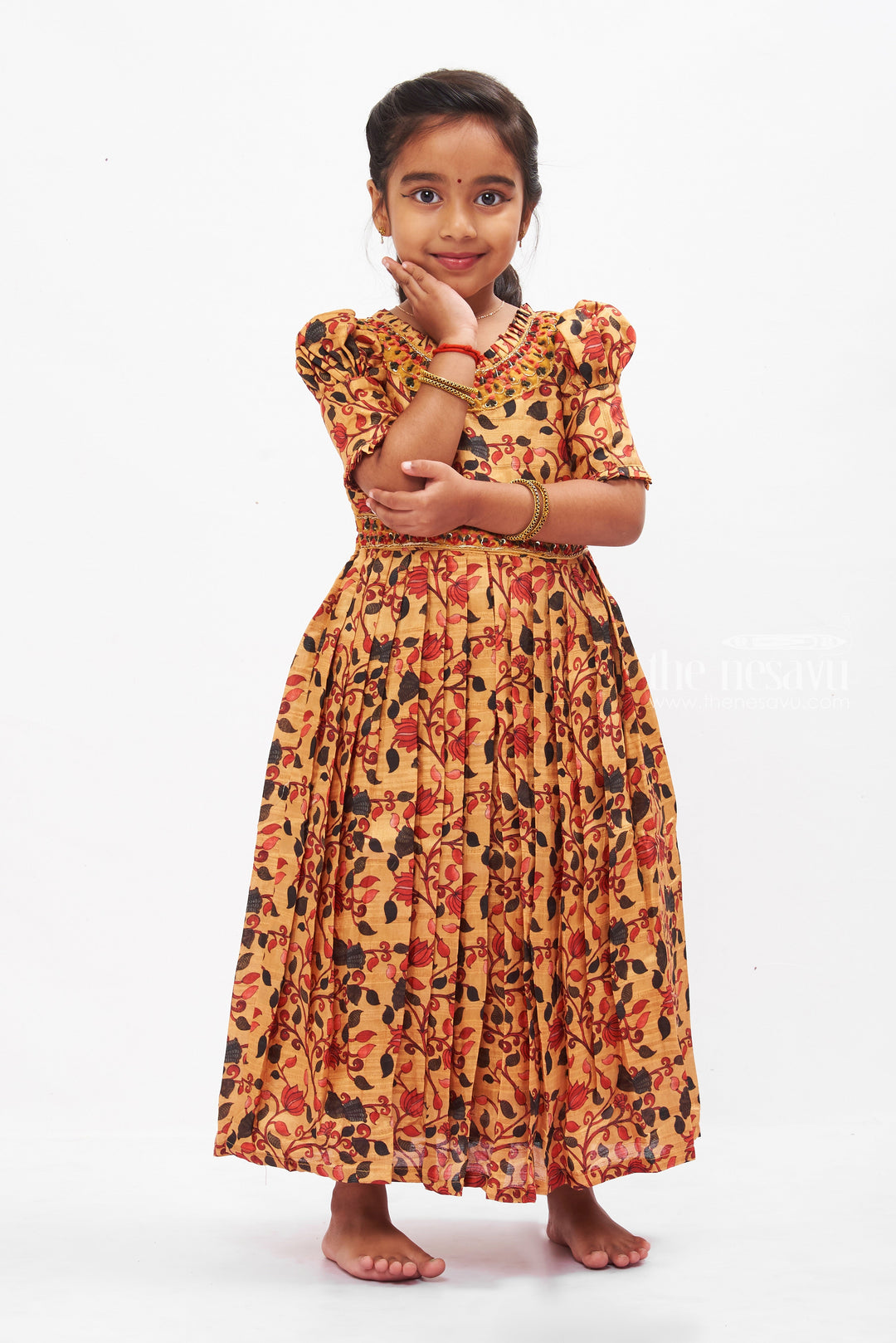 The Nesavu Girls Silk Gown Autumnal Elegance Pleated Anarkali Gown for Girls Nesavu Girls Yellow Botanical Print Anarkali Gown | Festive Ruffled Dress for Kids | The Nesavu