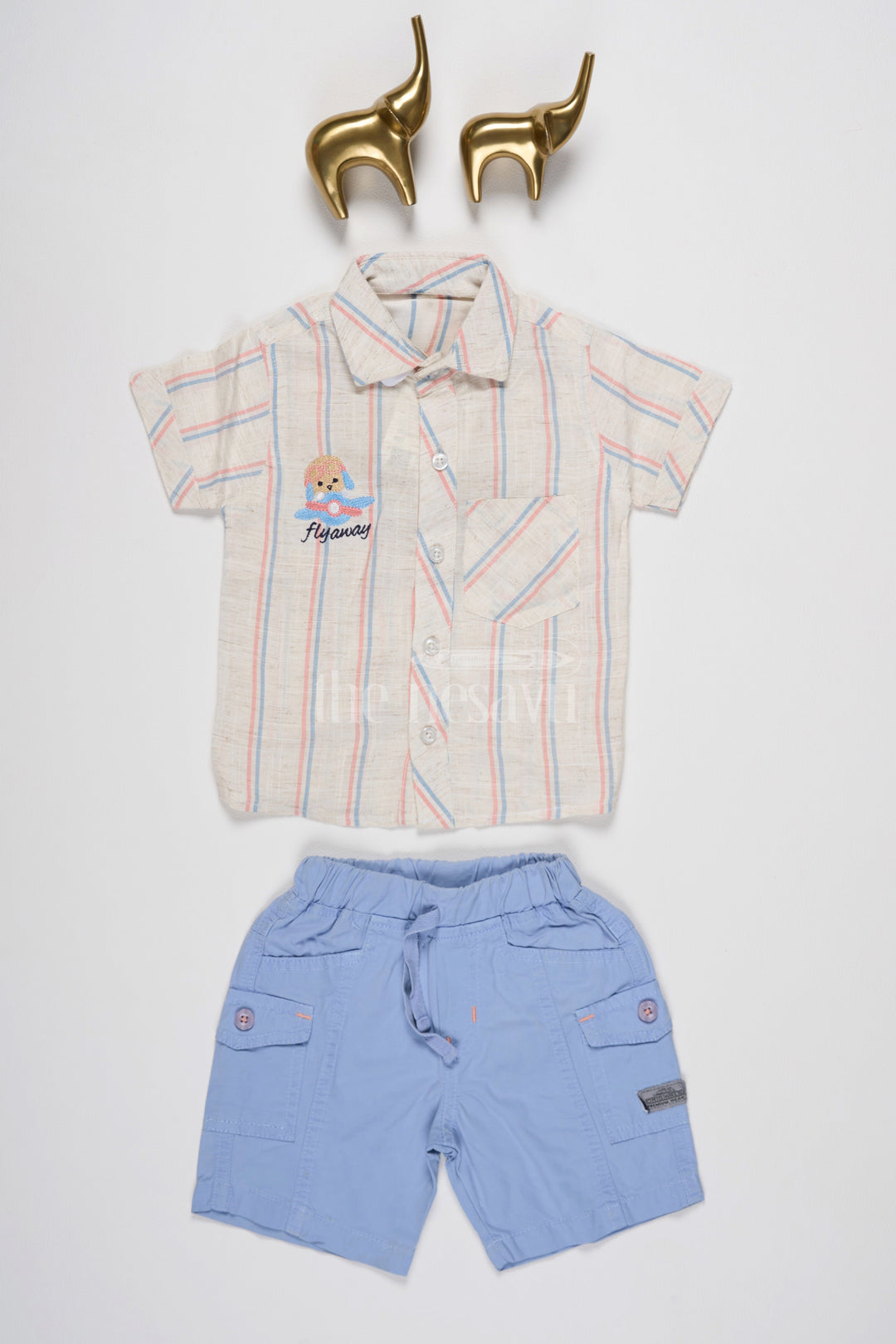 The Nesavu Baby Rompers/Onesies Baby Blue Plaid Shirt and Shorts Set with Airplane Embroidery for Summer Playdates Nesavu 12 (3M) / Blue BCS152A-12 Nesavu Baby Blue Plaid Shirt Shorts Set Airplane Embroidery Casual Summer Playdates