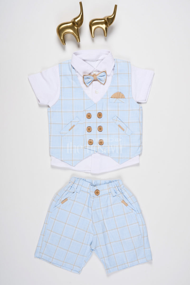 The Nesavu Baby Rompers/Onesies Baby Blue Plaid Vest Set with Short Sleeves and Bow Tie for Special Gatherings Nesavu 12 (3M) / Blue BCS150A-12 Nesavu Baby Blue Plaid Vest Set Bow Tie Shorts Special Events Casual Gatherings