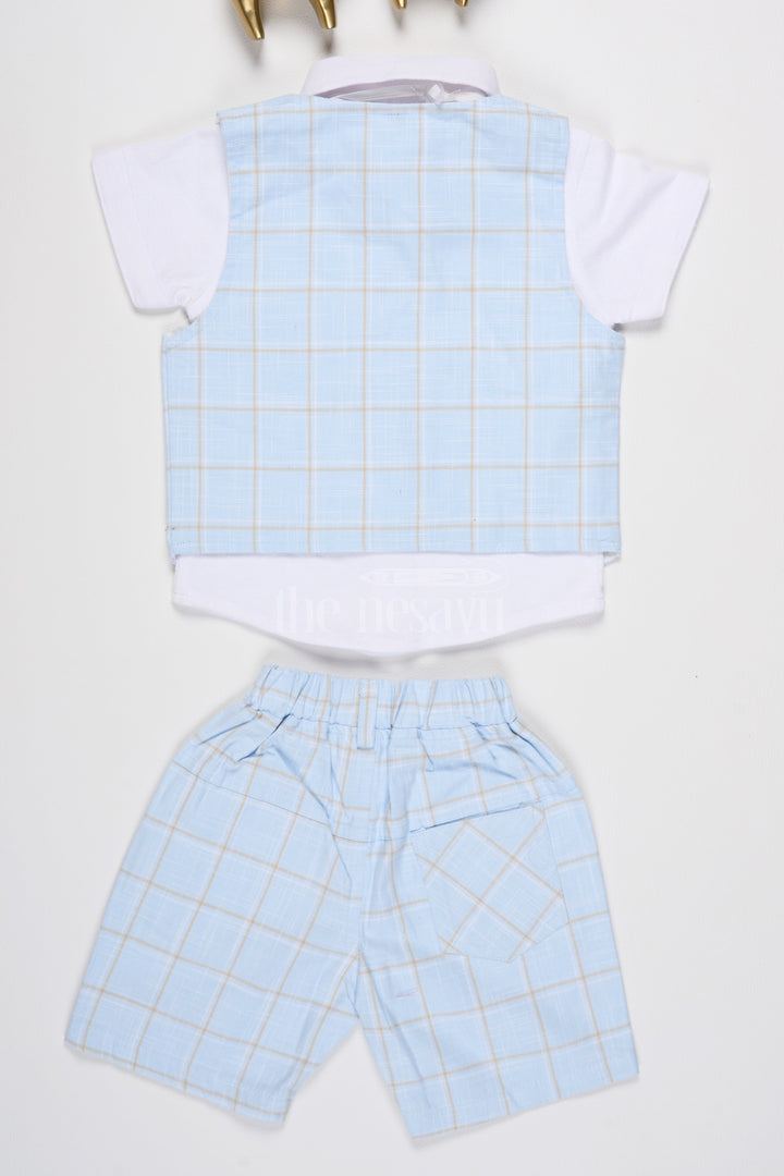 The Nesavu Baby Rompers/Onesies Baby Blue Plaid Vest Set with Short Sleeves and Bow Tie for Special Gatherings Nesavu Nesavu Baby Blue Plaid Vest Set Bow Tie Shorts Special Events Casual Gatherings