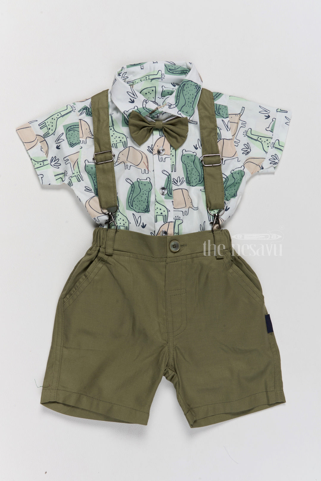 The Nesavu Boys Casual Set Baby Boys Casual Elegant Dresses with Printed Shirt, Green Dungarees, and Bow Tie Nesavu 12 (3M) / Green BCS208B-12 Nesavu Baby Boys Casual Elegant Dresses Printed Shirt Green Dungarees Bow Tie