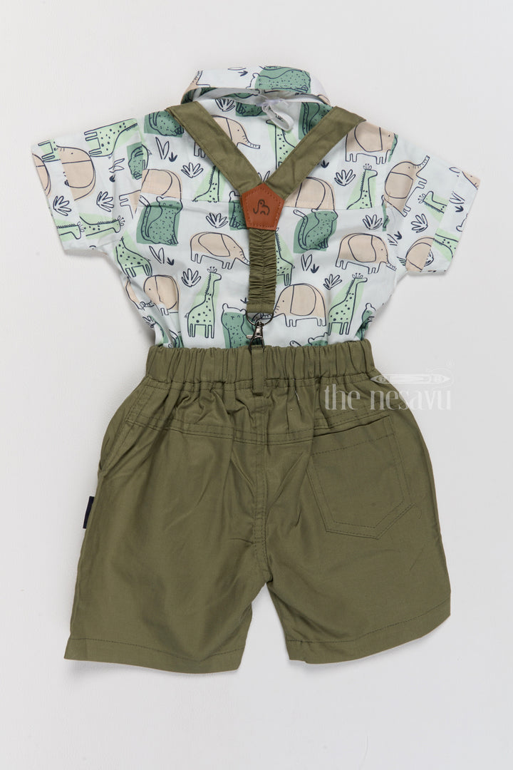 The Nesavu Boys Casual Set Baby Boys Casual Elegant Dresses with Printed Shirt, Green Dungarees, and Bow Tie Nesavu Nesavu Baby Boys Casual Elegant Dresses Printed Shirt Green Dungarees Bow Tie