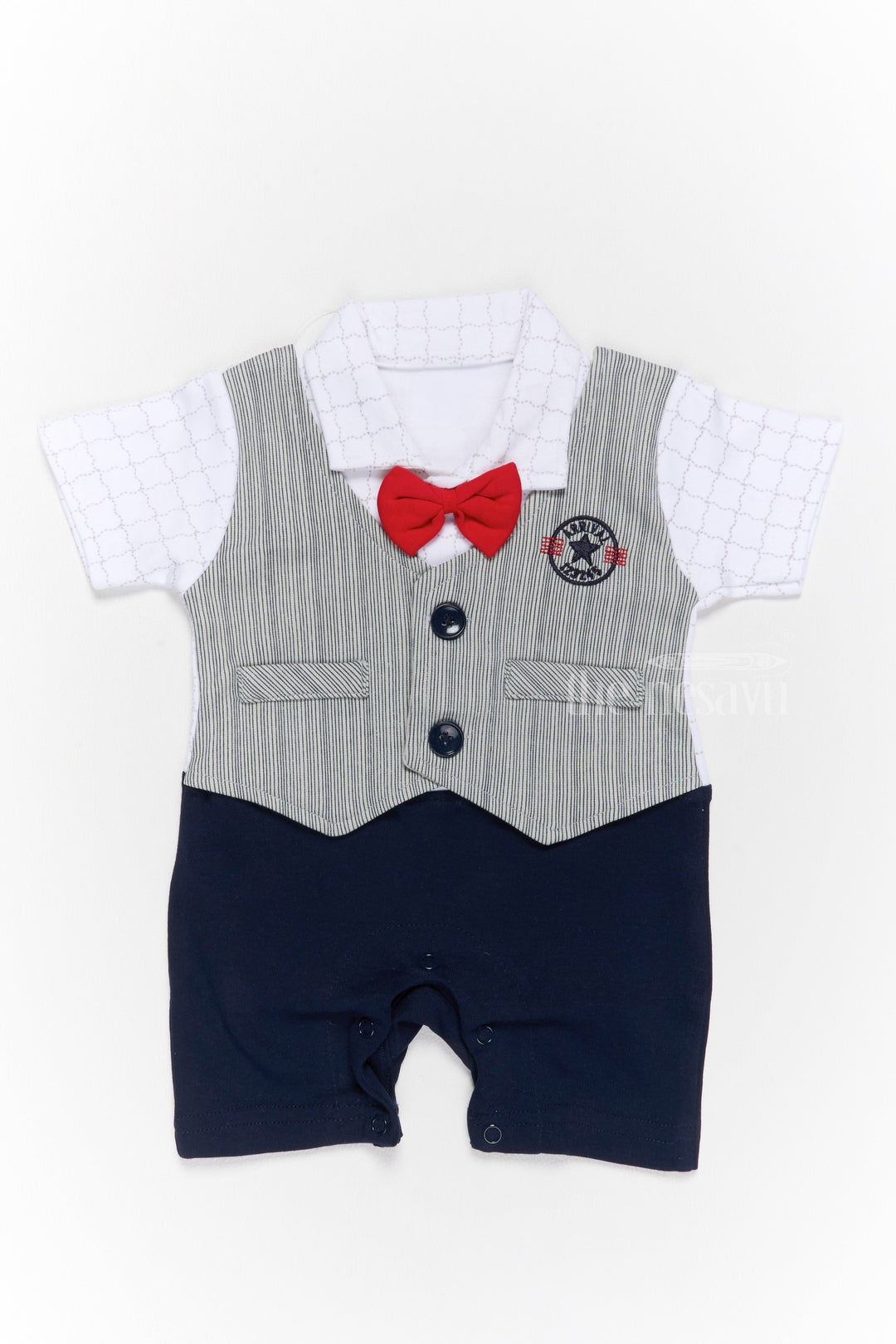 The Nesavu Boys Casual Set Baby Boys Casual Party Outfit with White Shirt, Grey Vest, and Red Bow Tie Nesavu 10 (NB) / White BCS207B-10 Nesavu Baby Boys Casual Party Outfit White Shirt Grey Vest Red Bow Tie Black Shorts