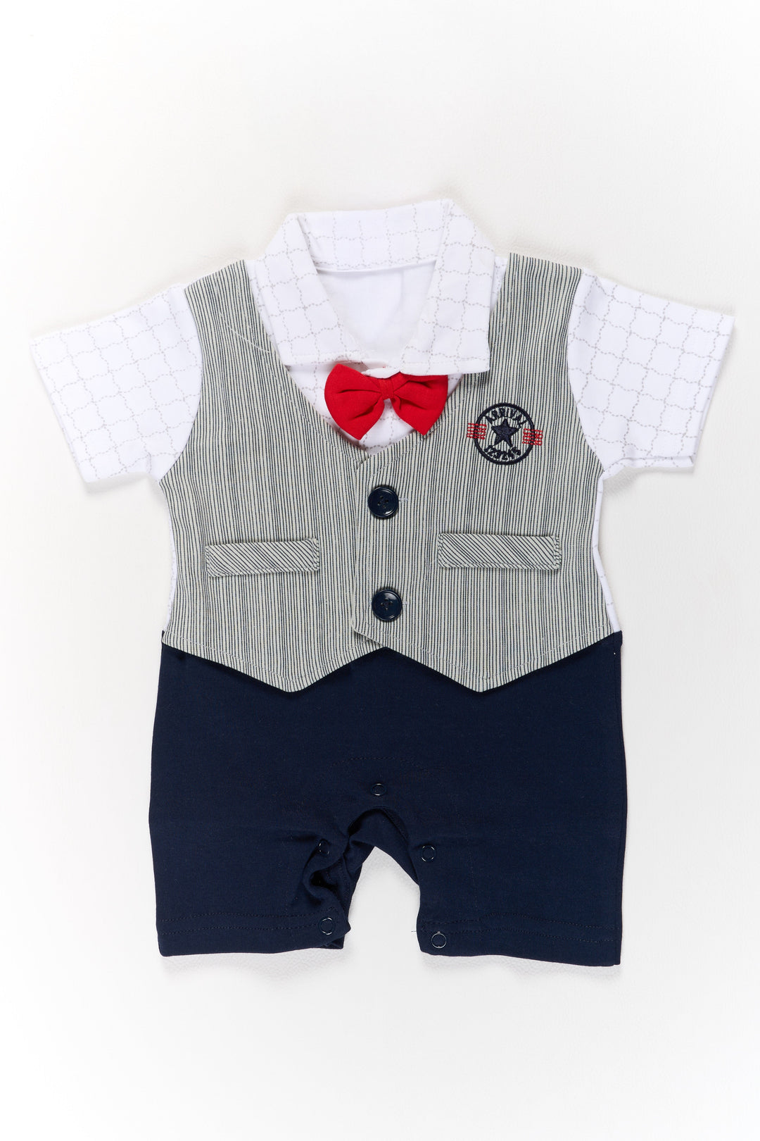 The Nesavu Boys Casual Set Baby Boys Casual Party Wear Dresses with White Shirt, Grey Vest, and Red Bow Tie Nesavu 10 (NB) / Half white BCS207A-10 Nesavu Baby Boys Casual Party Wear Dresses White Shirt Grey Vest Red Bow Tie Black Shorts