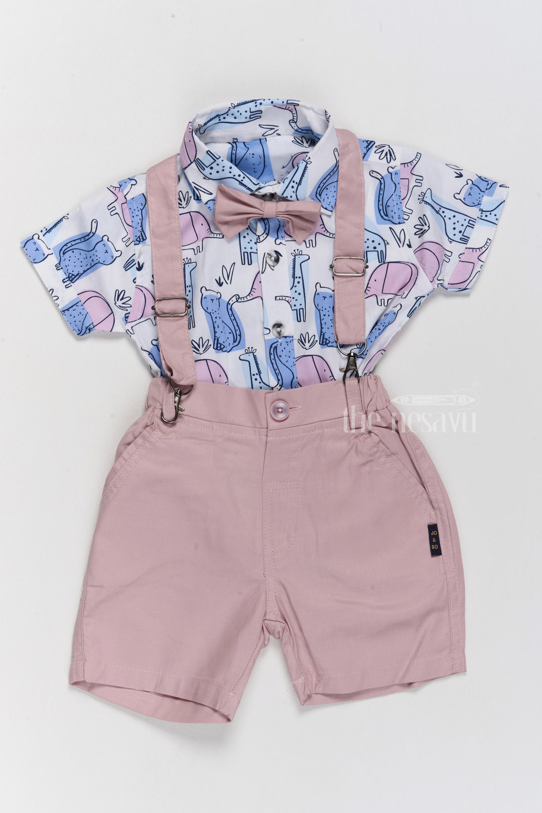 The Nesavu Boys Casual Set Baby Boys Cotton Short Dungarees Set with Printed Shirt and Bow Tie for Casual Wear Nesavu 12 (3M) / Pink BCS208A-12 Nesavu Baby Boys Cotton Short Dungarees Printed Shirt Bow Tie Casual Outfit