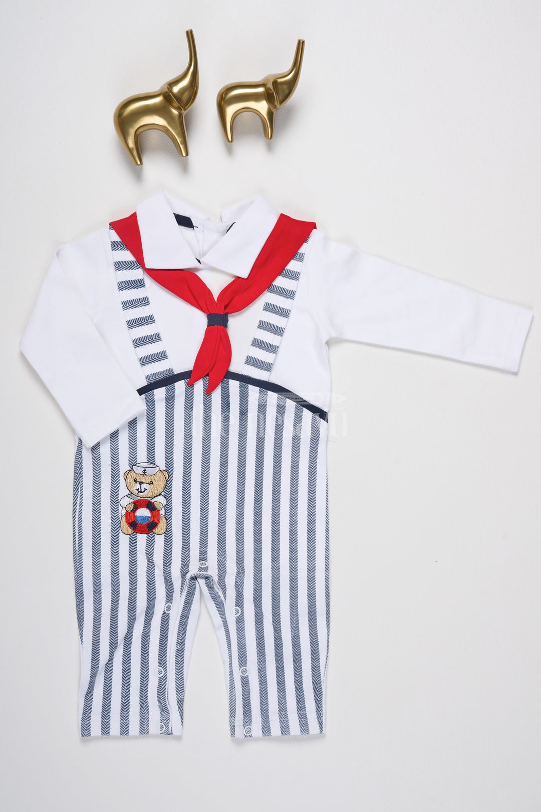 The Nesavu Boys Casual Set Baby Boys Nautical-Inspired Casual Set with Striped Pants and Teddy Bear Embroidery Nesavu 12 (3M) / Multicolor BCS160B-12 Nesavu Baby Boys Striped Nautical Romper Red Necktie Teddy Bear Embroidery