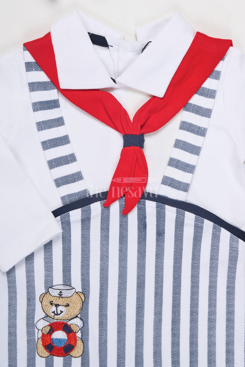 The Nesavu Boys Casual Set Baby Boys Nautical-Inspired Casual Set with Striped Pants and Teddy Bear Embroidery Nesavu Nesavu Baby Boys Striped Nautical Romper Red Necktie Teddy Bear Embroidery