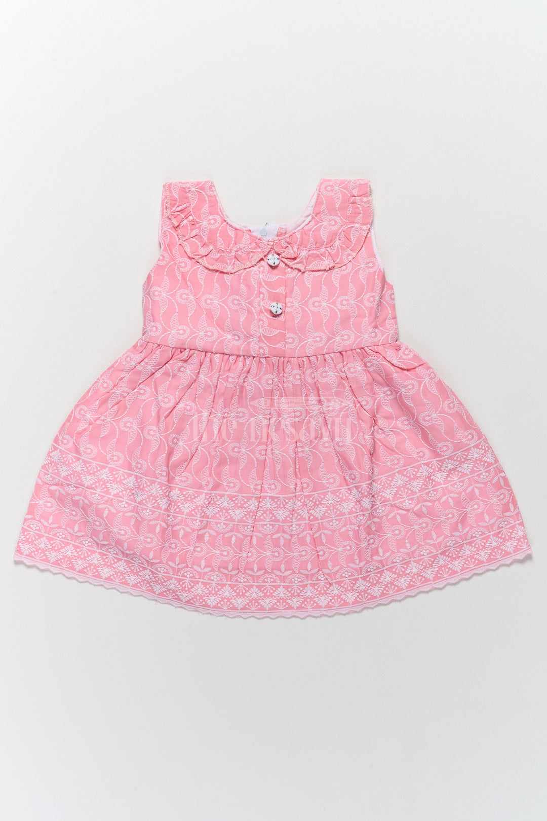 The Nesavu Baby Cotton Frocks Baby Cotton Dress with Pink Embroidered Patterns and Ruffled Collar Nesavu 14 (6M) / Pink BFJ691A-14 Nesavu Baby Cotton Dress Pink Embroidered Patterns Ruffled Collar