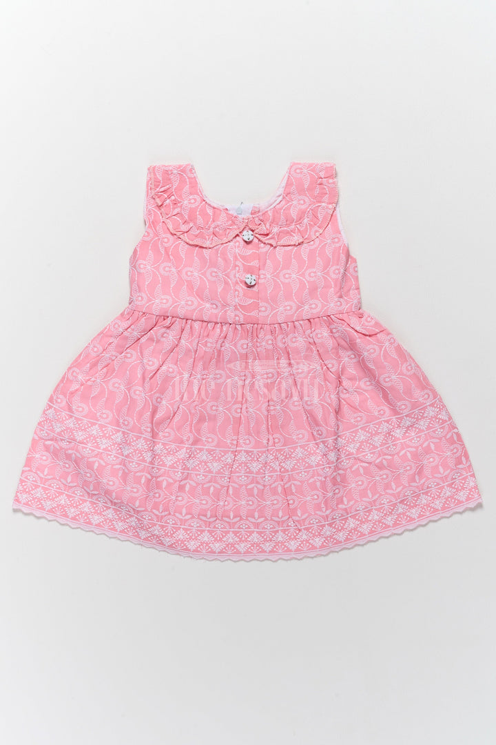 The Nesavu Baby Cotton Frocks Baby Cotton Dress with Pink Embroidered Patterns and Ruffled Collar Nesavu 14 (6M) / Pink BFJ691A-14 Nesavu Baby Cotton Dress Pink Embroidered Patterns Ruffled Collar