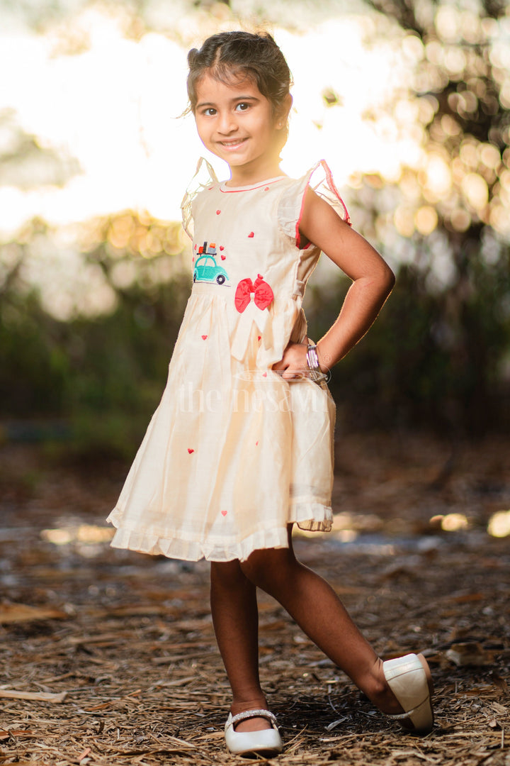 The Nesavu Girls Cotton Frock Baby Cotton Frock in Half White with Red Heart Embroidery and Car Motif Nesavu 16 (1Y) / Half white GFC1415A-16 Nesavu Baby Cotton Frock Cream Red Heart Embroidery Car Motif