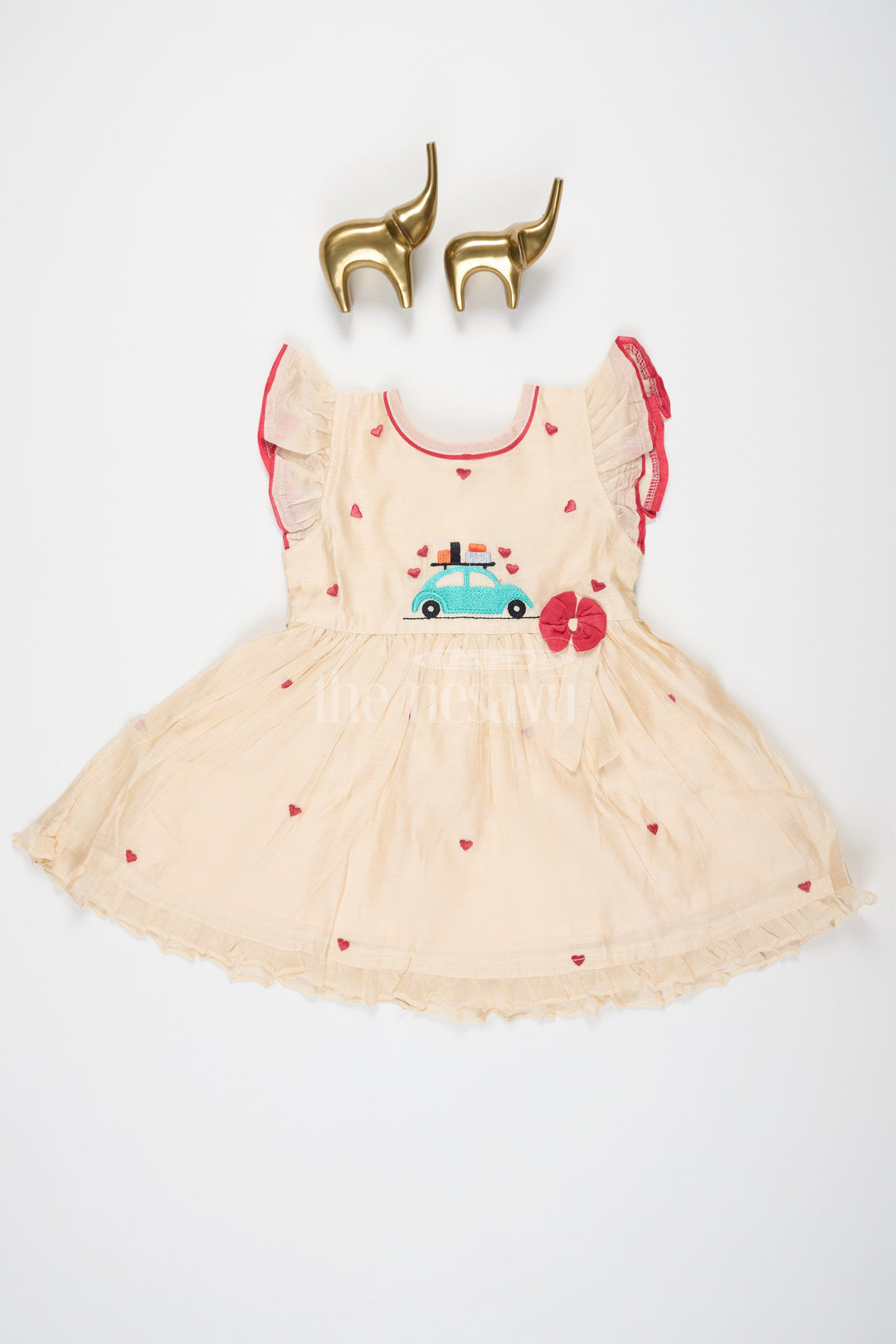 The Nesavu Girls Cotton Frock Baby Cotton Frock in Half White with Red Heart Embroidery and Car Motif Nesavu Nesavu Baby Cotton Frock Cream Red Heart Embroidery Car Motif