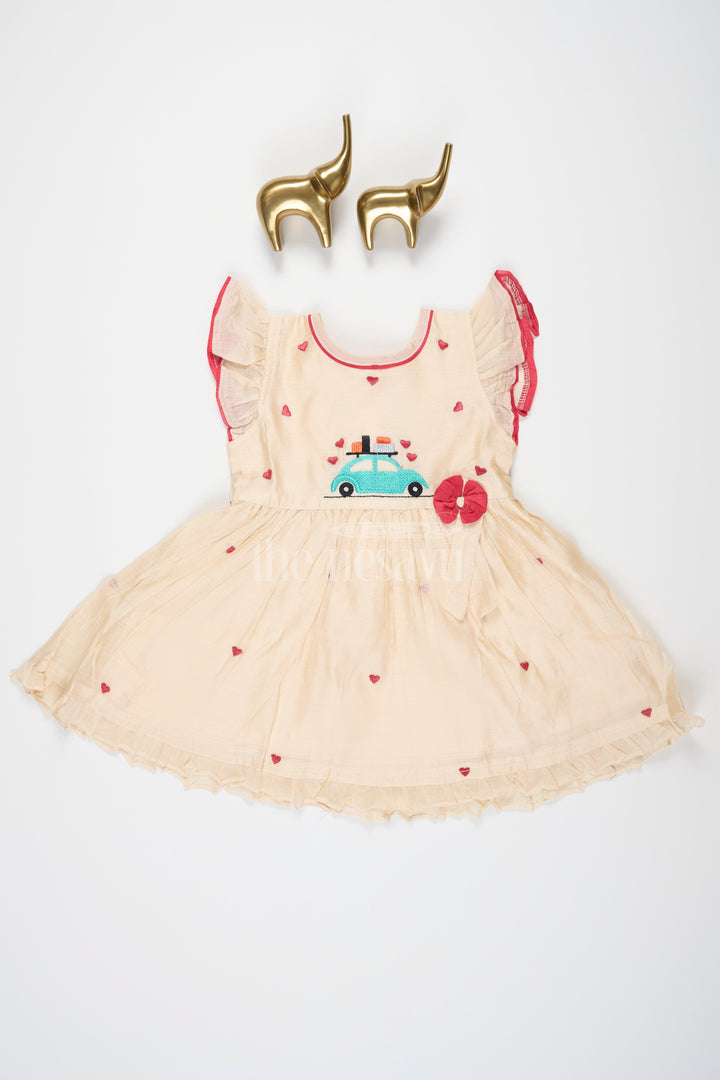 The Nesavu Girls Cotton Frock Baby Cotton Frock in Half White with Red Heart Embroidery and Car Motif Nesavu Nesavu Baby Cotton Frock Cream Red Heart Embroidery Car Motif