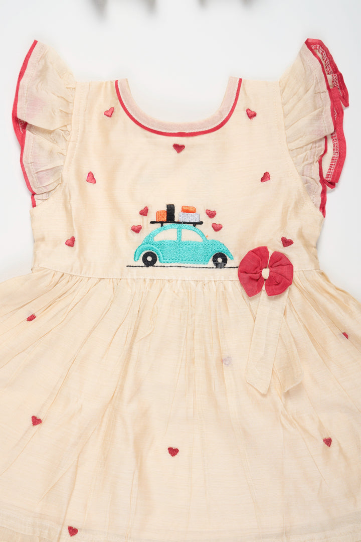 The Nesavu Girls Cotton Frock Baby Cotton Frock in Half White with Red Heart Embroidery and Car Motif Nesavu Nesavu Baby Cotton Frock Cream Red Heart Embroidery Car Motif