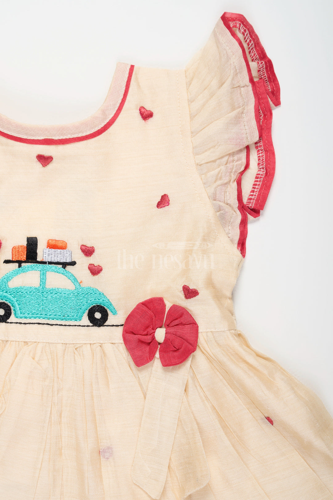 The Nesavu Girls Cotton Frock Baby Cotton Frock in Half White with Red Heart Embroidery and Car Motif Nesavu Nesavu Baby Cotton Frock Cream Red Heart Embroidery Car Motif