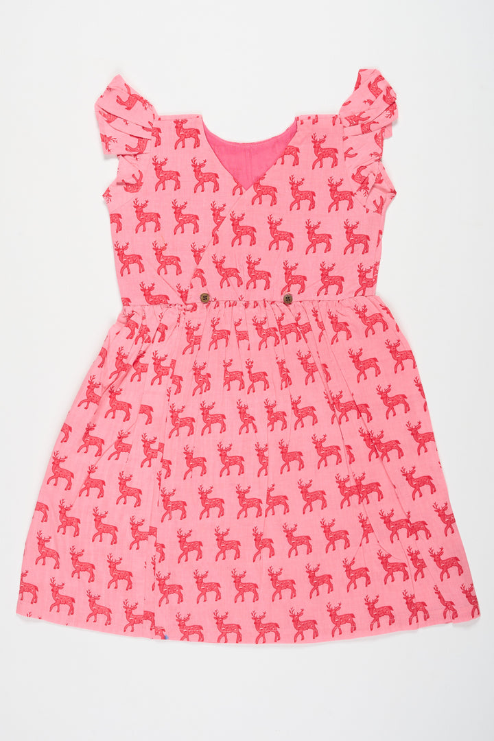 The Nesavu Baby Cotton Frocks Baby Cotton Frock in Pink with Deer Print and Ruffled Sleeves Perfect for Playdates Nesavu 10 (NB) / Pink BFJ681A-10 Nesavu Baby Cotton Frock Pink Deer Print Playful Comfortable Kids Wear