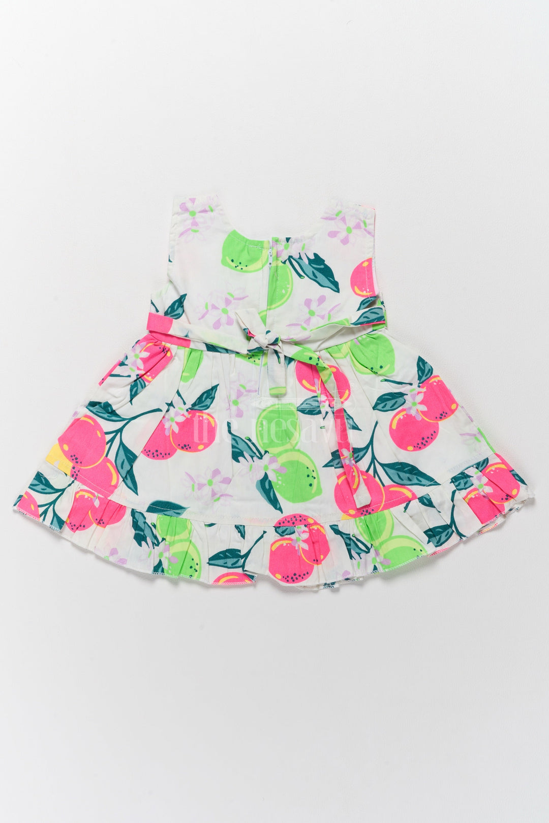 The Nesavu Baby Cotton Frocks Baby Cotton Frock with Vibrant Fruit Print and Bow Accent Nesavu Nesavu Baby Cotton Frock Vibrant Fruit Print Playful Bow Accent