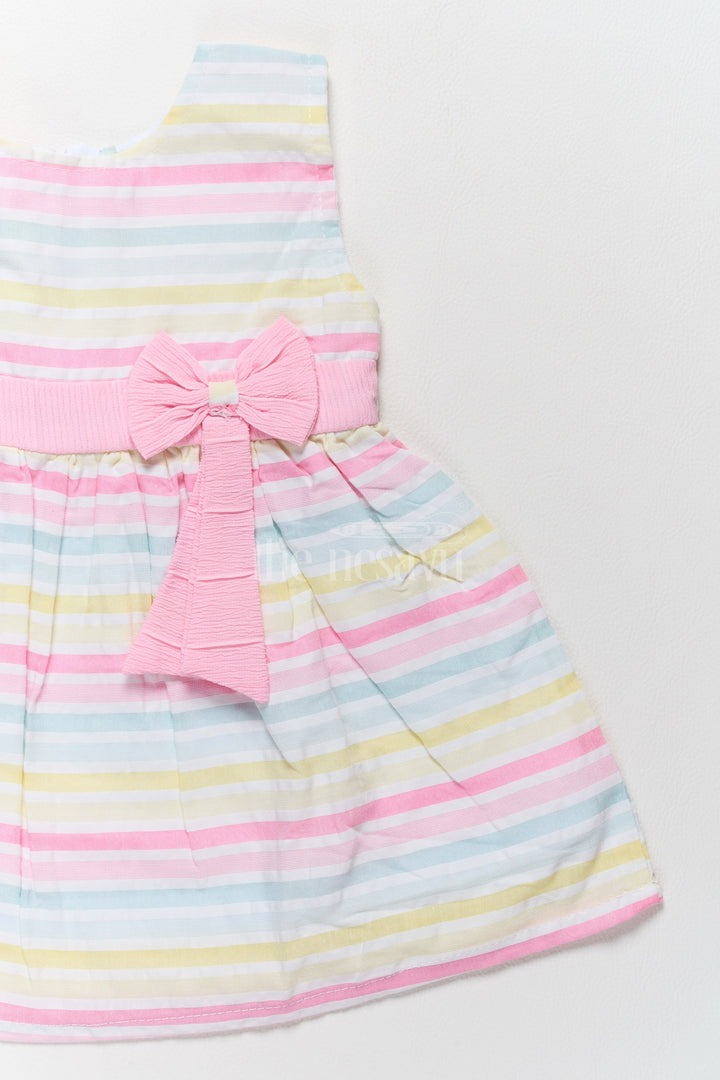 The Nesavu Baby Cotton Frocks Baby Cotton Half Frock with Multicolor Stripes and Pink Bow Accent Nesavu Nesavu Baby Cotton Half Frock Multicolor Stripes Pink Bow Accent