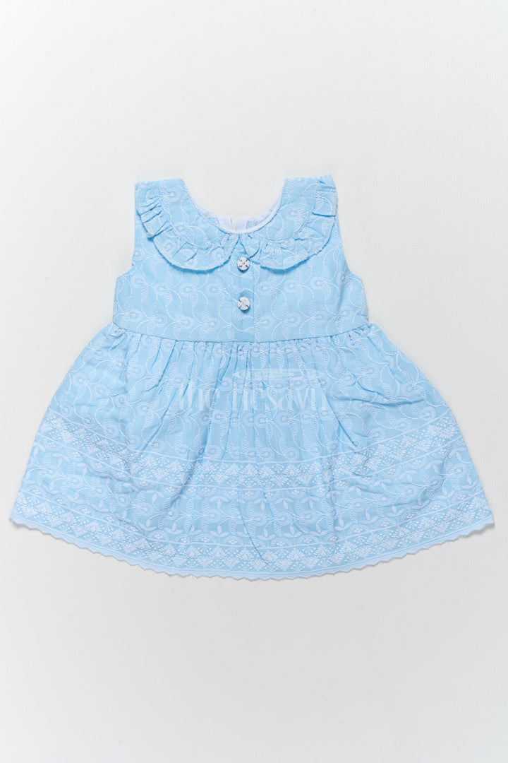 The Nesavu Baby Cotton Frocks Baby Cotton Newborn Dress with Light Blue Embroidered Detailing Nesavu 14 (6M) / Blue BFJ691B-14 Nesavu Baby Cotton Newborn Dress Light Blue Embroidered Detailing