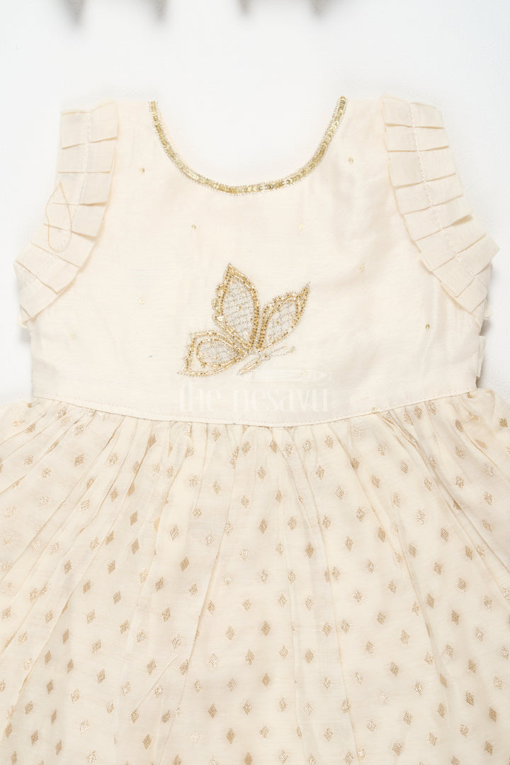 The Nesavu Girls Cotton Frock Baby Fancy Frock in Cream with Golden Accents and Ruffled Sleeves Nesavu Nesavu Baby Fancy Frock Cream Golden Butterfly Motif Ruffled Hem