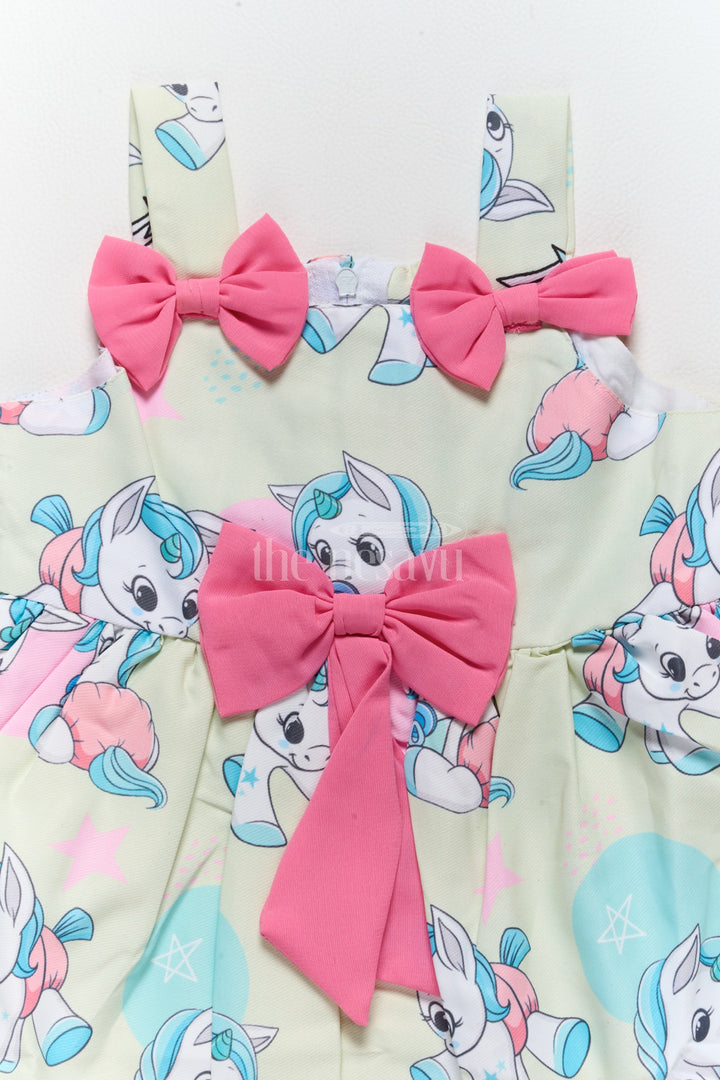 The Nesavu Baby Fancy Frock Baby Fancy Western Frock with Adorable Unicorn Prints and Pink Bow Accents Nesavu Nesavu Baby Fancy Western Frock Unicorn Prints Pink Bow Accents