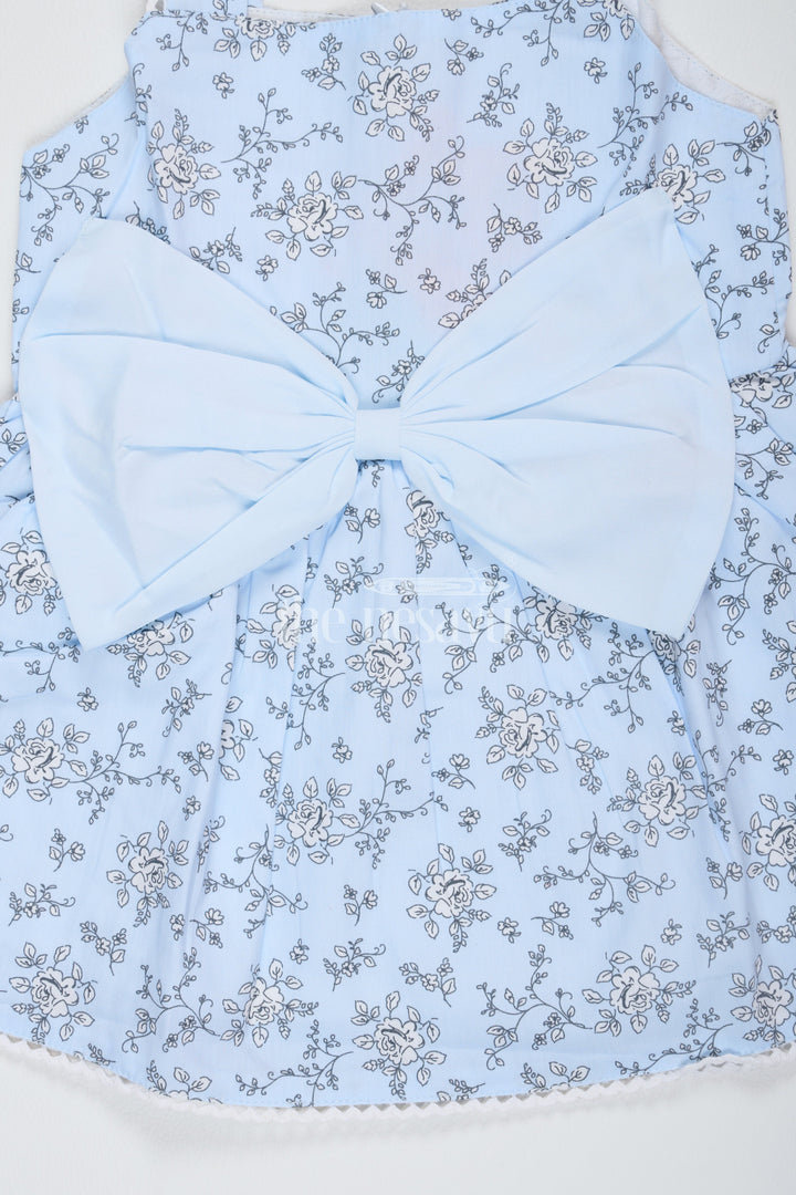 The Nesavu Baby Fancy Frock Baby Girls Blue Cotton Floral Frock with Large Bow and Lace Detailing for Casual Outings Nesavu Nesavu Baby Girls Blue Cotton Frock Floral Print Bow Accent Lace Details Summer Parties