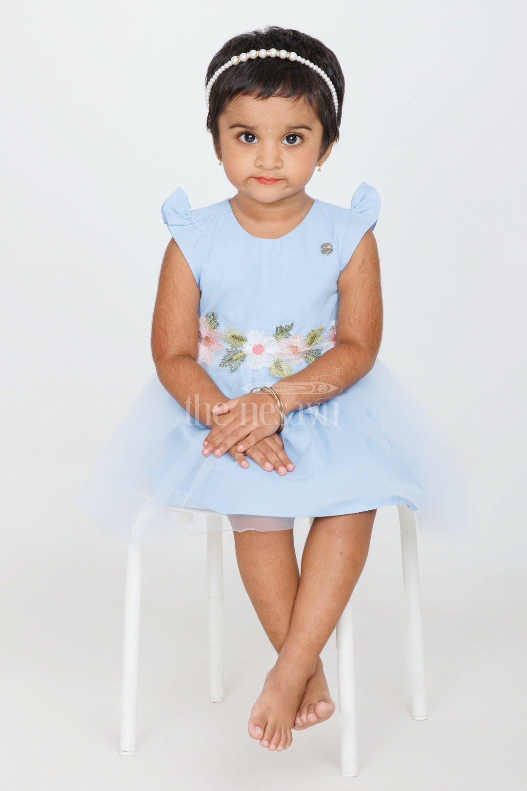 The Nesavu Girls Fancy Party Frock Baby Girls Blue Party Frock with Floral Embroidery and Tulle Overlay for Special Occasions Nesavu 14 (6M) / Blue BFJ635A-14 Nesavu Baby Girls Blue Frock Floral Embroidery Tulle Weddings Formal Events