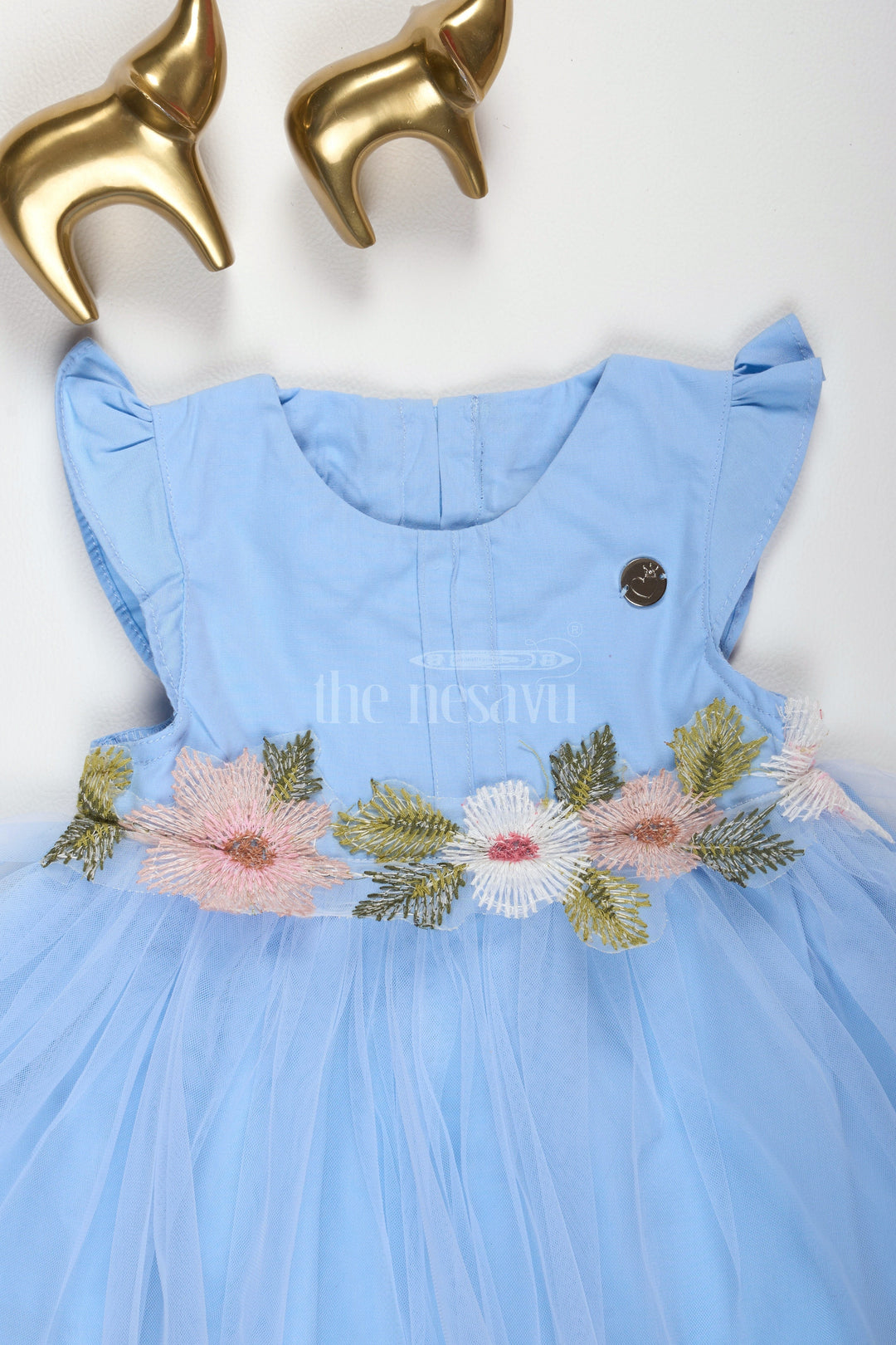 The Nesavu Girls Fancy Party Frock Baby Girls Blue Party Frock with Floral Embroidery and Tulle Overlay for Special Occasions Nesavu Nesavu Baby Girls Blue Frock Floral Embroidery Tulle Weddings Formal Events