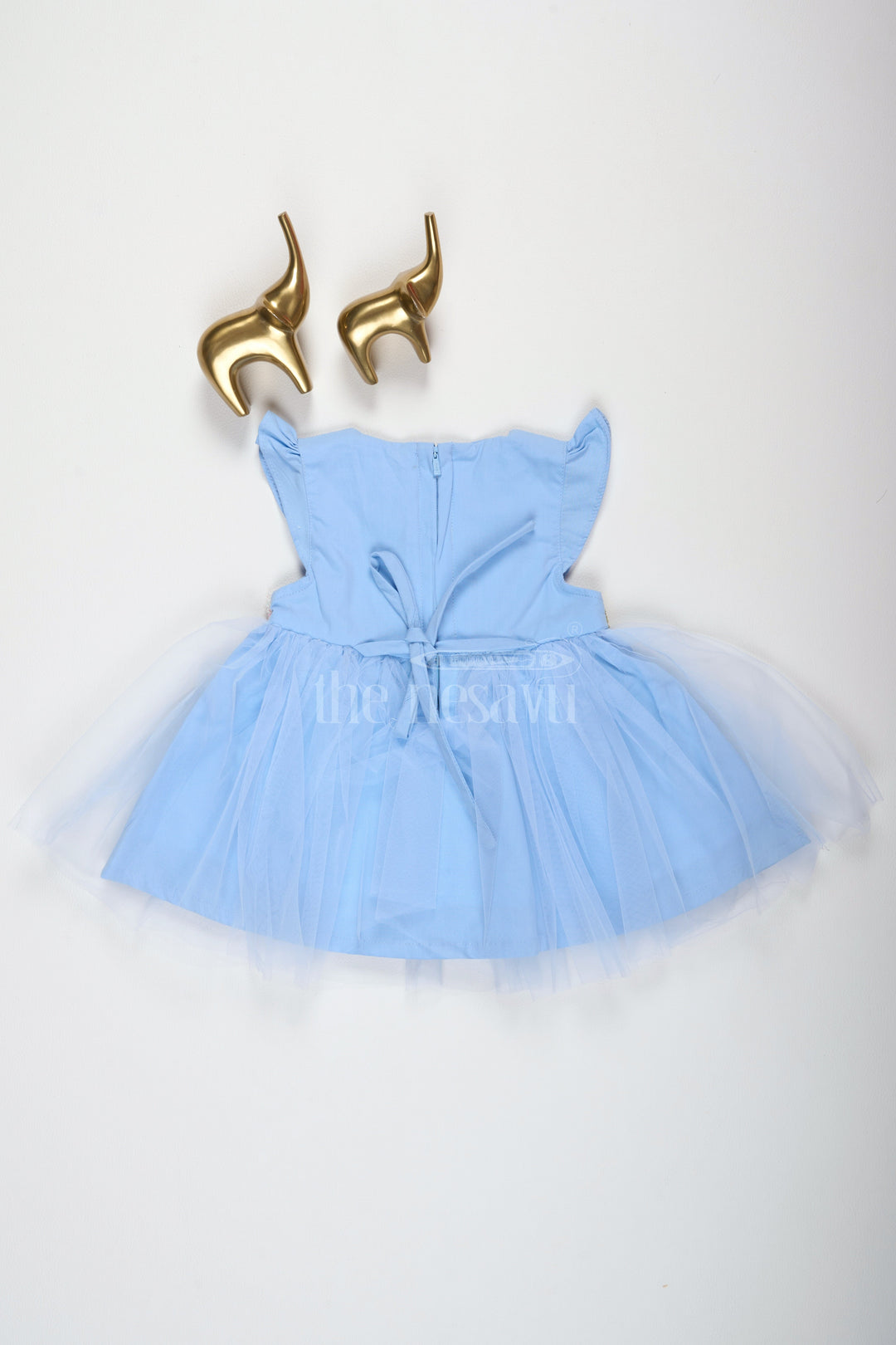 The Nesavu Girls Fancy Party Frock Baby Girls Blue Party Frock with Floral Embroidery and Tulle Overlay for Special Occasions Nesavu Nesavu Baby Girls Blue Frock Floral Embroidery Tulle Weddings Formal Events